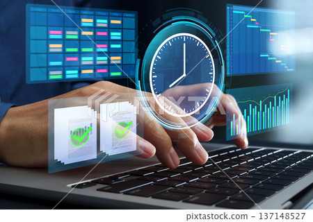 Time management and task scheduling. Prioritize for increased productivity. Set goals and schedule time with your laptop. Time management and task scheduling. Prioritize for increased productivity. Set goals and schedule time with your laptop. 137148527