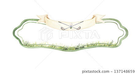 Golf Ornamental Frame with Ribbon and Grass Watercolor Illustration Golf Ornamental Frame with Ribbon and Grass Watercolor Illustration 137148659