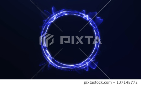 Glowing blue particle ring forming circular energy structure with dynamic digital waves on dark background. Futuristic abstract plasma halo with luminous dots and flowing technology pattern. 137148772