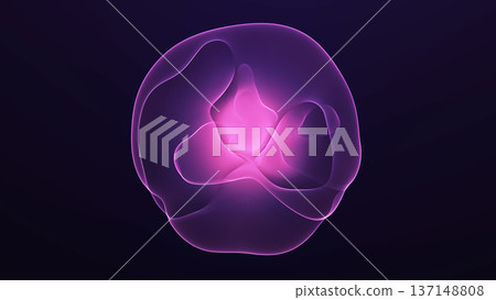 Glowing pink energy sphere with fluid plasma waves forming soft organic structure inside transparent orb. Abstract futuristic digital light shape on dark background. Glowing pink energy sphere with fluid plasma waves forming soft organic structure inside transparent orb. Abstract futuristic digital light shape on dark background. 137148808