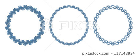 Blue lace round frames set. Three circle borders with wavy, scalloped cutout edges, dotted trim. Paper doily napkin patterns. Vintage invitation, wedding card, tea party, cake decoration. Vector. 137148954