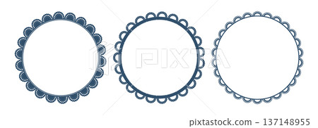 Navy blue lace circle frames set. Three round borders with scalloped cutout edges, dotted trim. Paper doily napkin patterns. Vintage invitation, tea party, cake mat, table decoration. Vector. 137148955