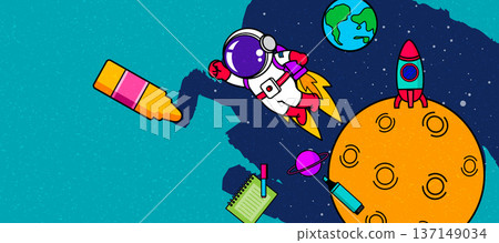 Space School Banner with Cute Astronaut and Educational Elements 137149034