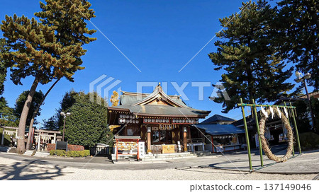 在晴朗的冬日里,神社的禮拜殿和穿過稻草圈的通道在陽光下閃閃發光。 在晴朗的冬日里,神社的禮拜殿和穿過稻草圈的通道在陽光下閃閃發光。 137149046