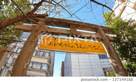 東京的秋天,琴平神社,黃色招牌和鳥居。 東京的秋天,琴平神社,黃色招牌和鳥居。 137149188