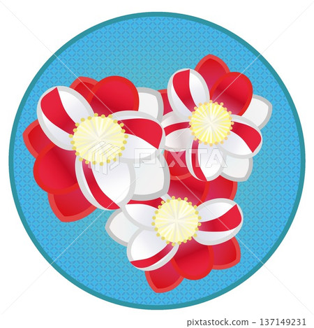 Illustration of a red and white peach blossom with a circular background 137149231