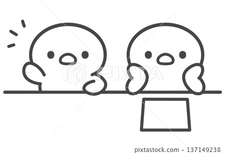 A hand-drawn line drawing of a chick raising its hand and a chick resting its chin on its hand. A contrast between the two during a lesson in front of a printout. 137149238