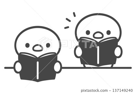 一幅手繪線條畫，描繪了一隻小雞坐著看書，以及另一隻小雞站著大聲朗讀的場景。課堂上的閱讀和展示場景。 137149240