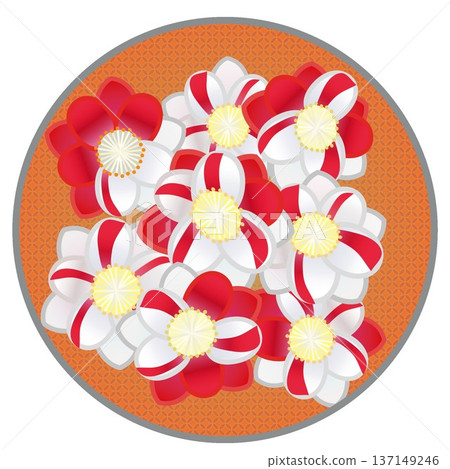 Illustration of a red and white peach blossom with a circular background Illustration of a red and white peach blossom with a circular background 137149246