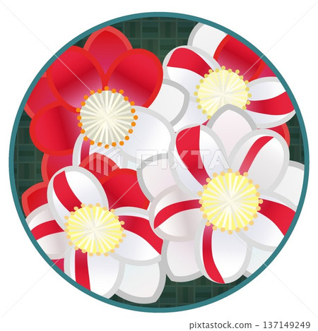 一幅以圓形為背景的紅白桃花插圖 137149249
