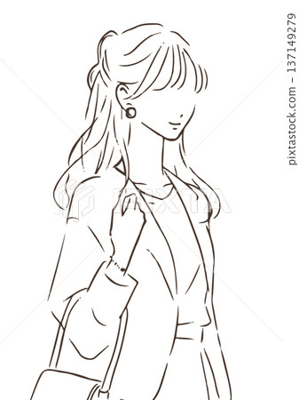 手繪線條插圖，描繪了一位身穿外套的女士 137149279