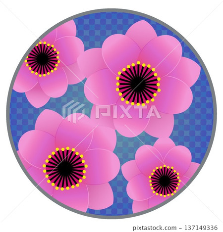 粉紅色盛開的桃花插圖，背景為圓形 137149336