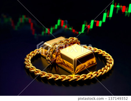 Golden bullion bars wrapped with a gold chain on a stock market graph background symbolizing gold trading and financial growth. 137149352