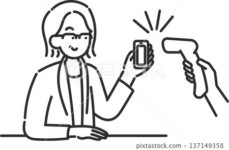一位40多歲的女性使用智慧型手機進行非現金支付的插圖（僅線條畫） 137149358