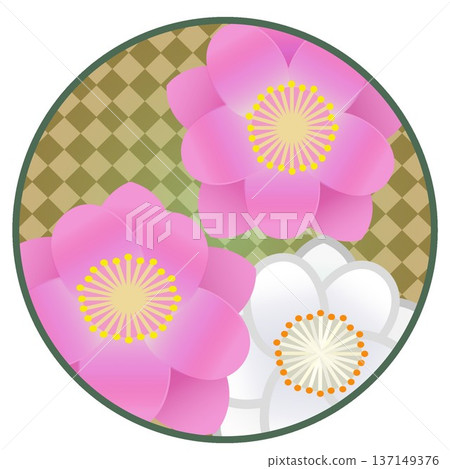 圓形背景的開花桃樹插圖 137149376