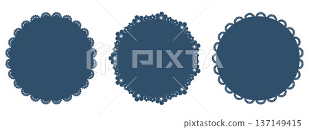 Blue lace doily napkin set. Three round frames with scalloped, floral cutout borders. Paper coaster patterns with varied edge designs. Vintage card, invitation, table decoration, tea party. Vector. Blue lace doily napkin set. Three round frames with scalloped, floral cutout borders. Paper coaster patterns with varied edge designs. Vintage card, invitation, table decoration, tea party. Vector. 137149415