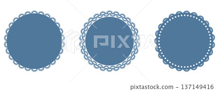 Blue lace doily napkin set. Three round frames with scalloped borders, decorative cutout edges. Paper coaster pattern. Vintage card, invitation, table decoration, pastry mat, tea party design. Vector. Blue lace doily napkin set. Three round frames with scalloped borders, decorative cutout edges. Paper coaster pattern. Vintage card, invitation, table decoration, pastry mat, tea party design. Vector. 137149416