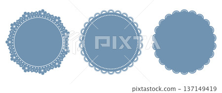 Blue decorative doily frames set. Round lace napkins with scalloped, floral cutout edges. Paper coaster patterns in varied styles. Vintage invitation, table decoration, cake backdrop. Vector. 137149419