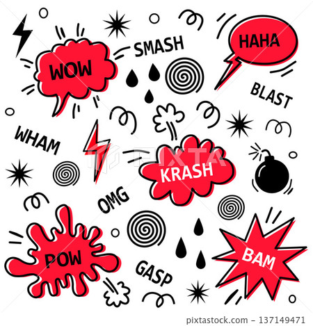 Bright Comic Book Onomatopoeia Collection with Bold Pop Art Exclamations 137149471