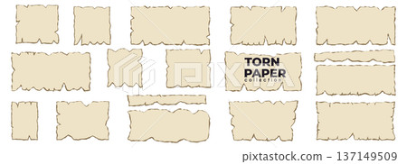 Torn parchment set. Old beige sheets with ragged edges. Vintage textured fragments for scrapbook, frame, letter, card, album, craft. Vector antique elements collection. Torn parchment set. Old beige sheets with ragged edges. Vintage textured fragments for scrapbook, frame, letter, card, album, craft. Vector antique elements collection. 137149509