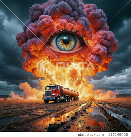 The center of the composition depicts a fuel truck against the backdrop of a large-scale explosion The center of the composition depicts a fuel truck against the backdrop of a large-scale explosion 137149668