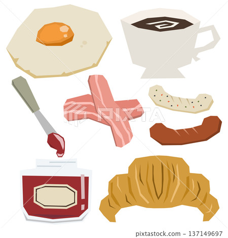 一套包含煎蛋、羊角麵包等食物的向量插圖，可用於早餐插圖。 137149697