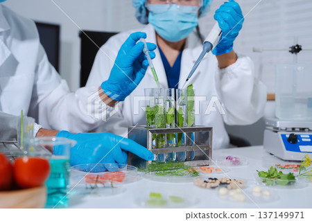 Scientists with research into natural medicine, natural skin care products, laboratories and development concepts. 137149971