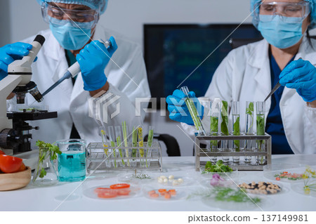 Scientists with research into natural medicine, natural skin care products, laboratories and development concepts. 137149981