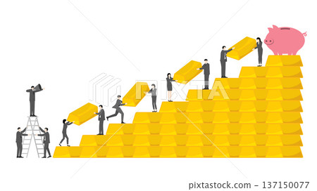 Business Team Progressing Step by Step Building Gold Wealth Structure Toward Savings Goal and Long Term Financial Success Concept Business Team Progressing Step by Step Building Gold Wealth Structure Toward Savings Goal and Long Term Financial Success Concept 137150077