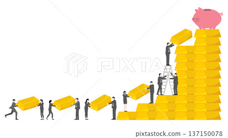Business Team Delivering Gold Bars in Financial Pipeline Building Wealth Accumulation Capital Flow and Investment Growth Concept 137150078