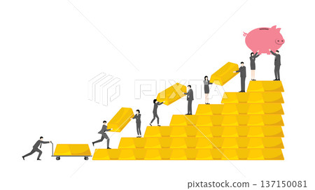 Business Team Completing Gold Wealth Pyramid and Lifting Savings Goal Representing Financial Freedom Prosperity Success and Investment Achievement Concept Business Team Completing Gold Wealth Pyramid and Lifting Savings Goal Representing Financial Freedom Prosperity Success and Investment Achievement Concept 137150081