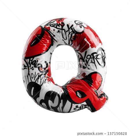 Inflatable letter Q covered in graffiti art isolated on white background, representing urban creativity and bold street concept 137150828