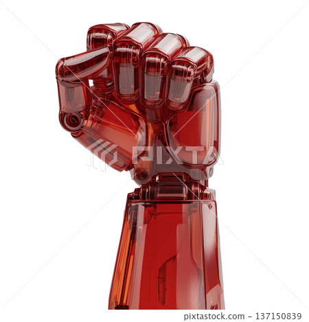 Red transparent mechanical fist shown close-up in glossy style isolated on white background, symbolizing strength and innovation 137150839