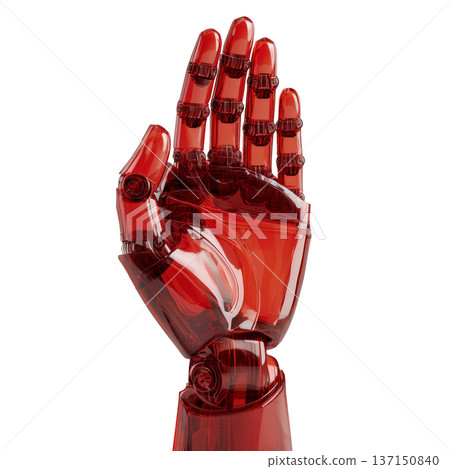 A red transparent robotic open palm hand in glossy style on white background, symbolizing technology and innovation concepts 137150840