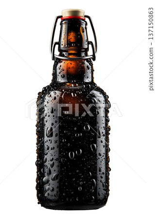 Chilled Ipa dark beer bottle with water droplets isolated on white background, symbolizing freshness and refreshment Chilled Ipa dark beer bottle with water droplets isolated on white background, symbolizing freshness and refreshment 137150863