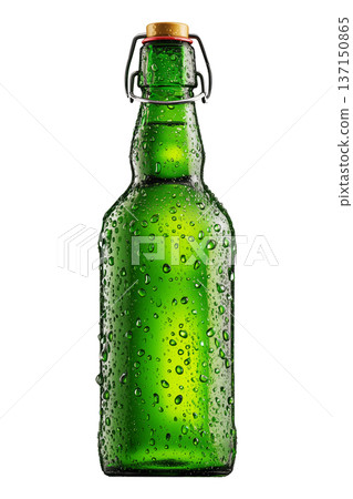 Cold green beer bottle with water droplets isolated on white background, showing a concept of freshness and chill Cold green beer bottle with water droplets isolated on white background, showing a concept of freshness and chill 137150865