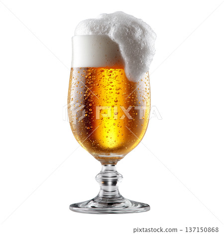 A glass of golden beer with thick foam shown isolated on white background, concept of refreshment and celebration 137150868