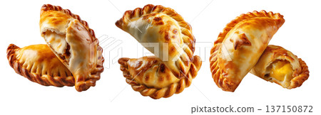Fried baked pastry empanadas filled with ground beef cheese ham and crimped edges, isolated on white background 137150872