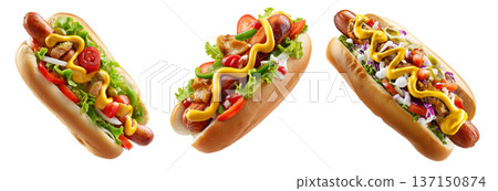 Brazil Hot Dog Completo overloaded hot dog with mustard, veggies, and cheese on sesame bun, isolated on white background 137150874