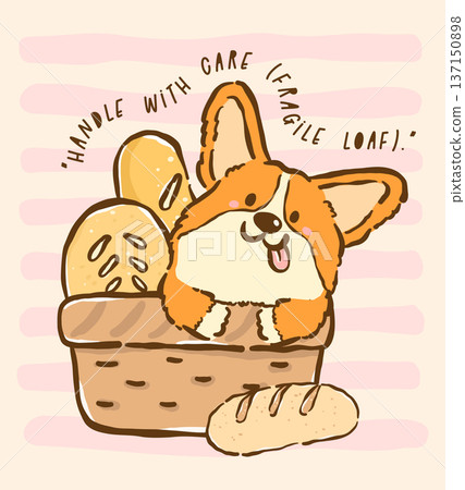 Cute kawaii corgi loaf bread in basket whimsical hand drawn cartoon doodle Cute kawaii corgi loaf bread in basket whimsical hand drawn cartoon doodle 137150898