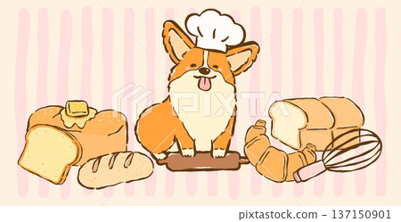 Kawaii corgi bakery chef with bread loaf, crossiant whimsical hand drawn cartoon doodle 137150901