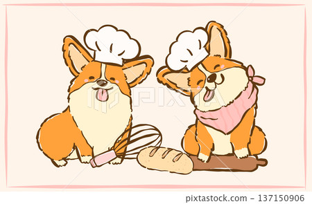 Kawaii derp corgi bakery chef set whimsical hand drawn cartoon doodle Kawaii derp corgi bakery chef set whimsical hand drawn cartoon doodle 137150906
