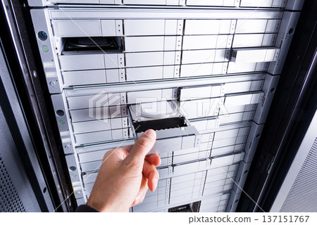 hand of IT technician installing hard drive with SAS interface i hand of IT technician installing hard drive with SAS interface i 137151767