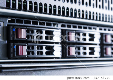 Array of data storage hard drives in internet data center 137151770