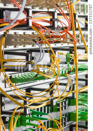detail of server rack with fiber optic cables attached to front detail of server rack with fiber optic cables attached to front 137151787