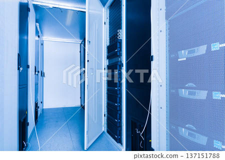 Server room with a row of server racks Server room with a row of server racks 137151788