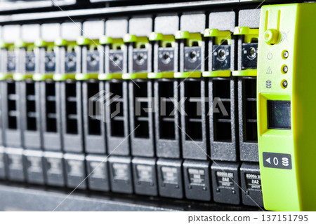 Array of data storage hard drives in internet data center Array of data storage hard drives in internet data center 137151795
