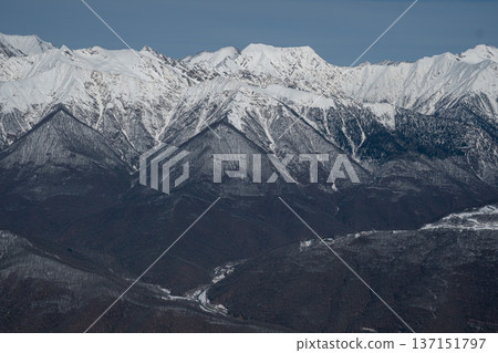 Snowcapped Caucasus mountain range above forested valley in Krasnaya Polyana under clear blue sky, Panoramic alpine landscape suitable for tourism marketing, outdoor adventure 137151797
