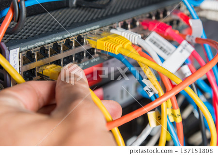 hand of engineer plugging in ethernet cable into server switch p 137151808
