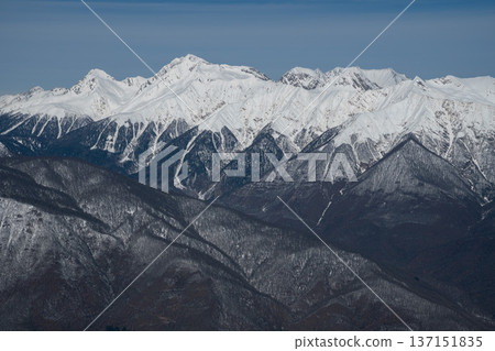 Snowcapped Caucasus mountain range above forested valley in Krasnaya Polyana under clear blue sky, Panoramic alpine landscape suitable for tourism marketing, outdoor adventure 137151835
